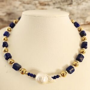 Chunky Lapis Lazuli And Large Center Pearl Choker Necklace Gold Plated